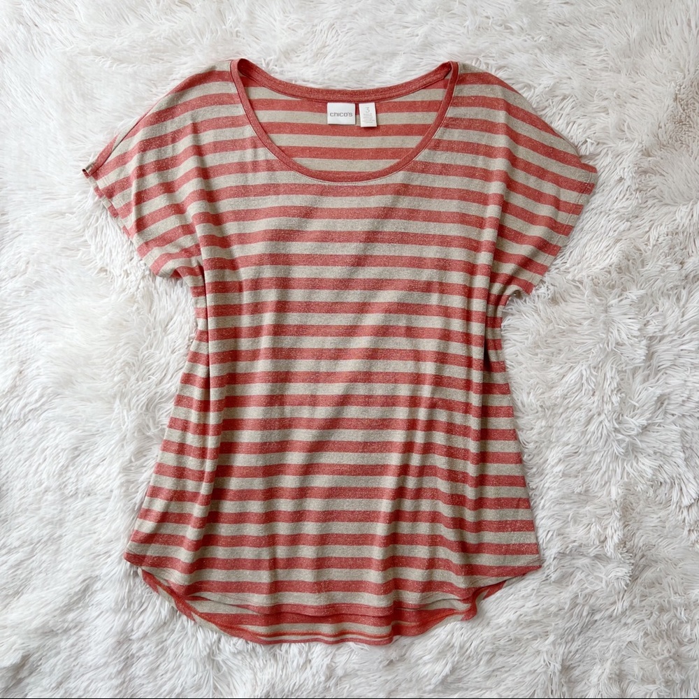 Chico’s striped  tee shirt tan metallic scoop neck orange tan stripes Sz 3